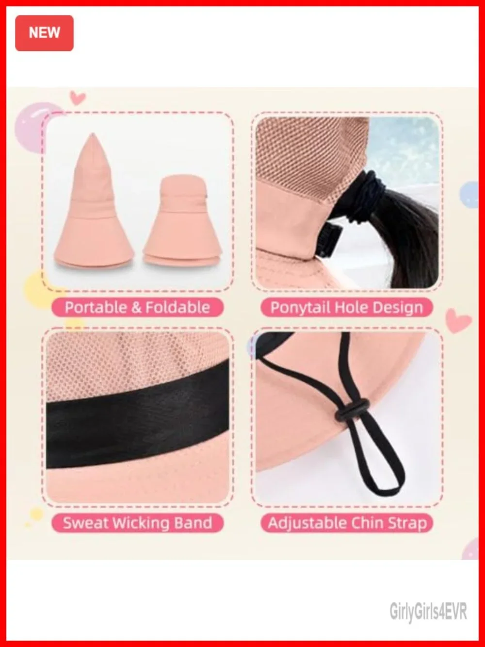 UPF 50+ Girls Ponytail Sun Hat Quick Dry Bucket Mesh Hat